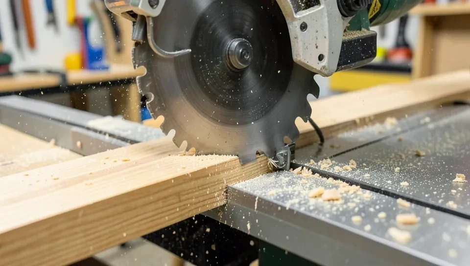 Table saw blade ripping through oak lumber with the rip fence set for a straight cut
