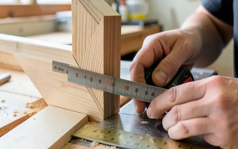 Measuring blade height against a mitered corner before cutting a spline groove Measuring blade height against a mitered corner before cutting a spline groove