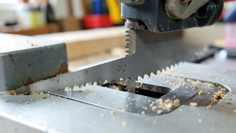 Table saw blade raised through the insert plate showing the teeth angle