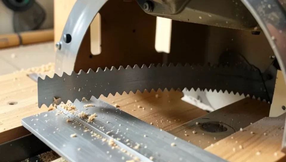 Close-up of table saw blade teeth showing the angle they point as the blade rotates
