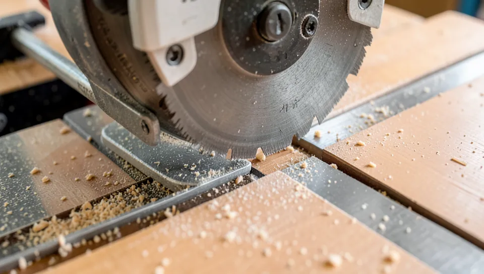 Table saw blade tilted at 45 degrees showing the gap relative to the fence
