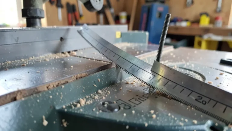 Table saw blade tilted for an angled bevel cut
