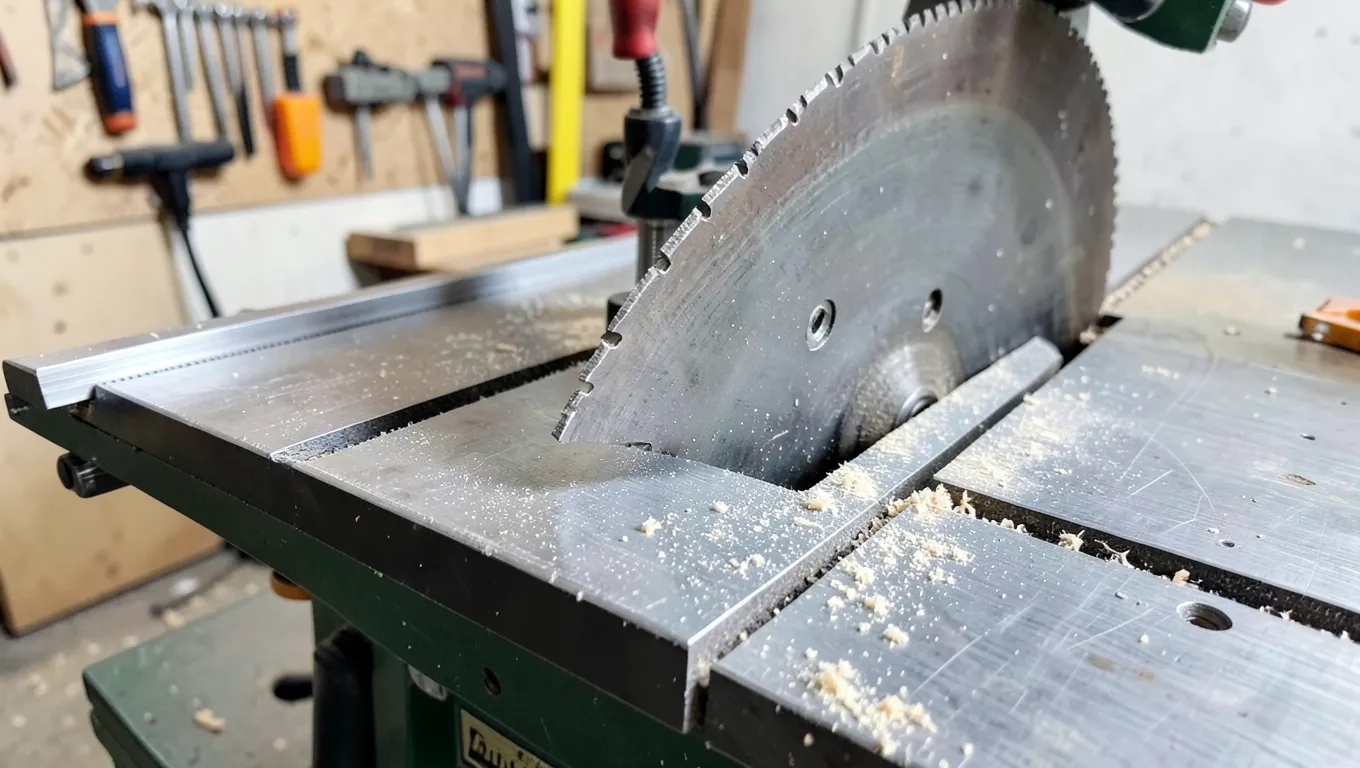 Table saw blade tilted at an angle for a bevel cut, fence visible to the right