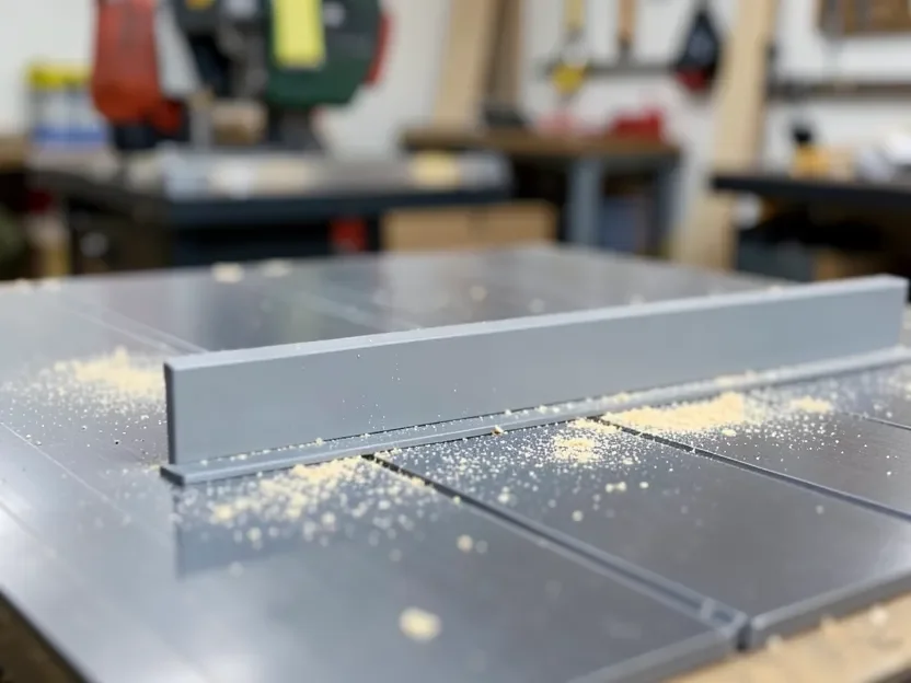 Cast iron table saw surface with rip fence and sawdust, representative of a cabinet-style table saw setup