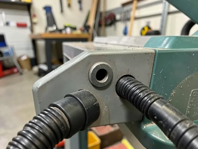 Close-up of a 2-1/2 inch dust collection port on a portable table saw with a shop vacuum hose attached