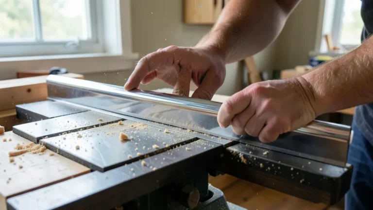 Woodworker installing an aftermarket table saw fence rail in a home workshop