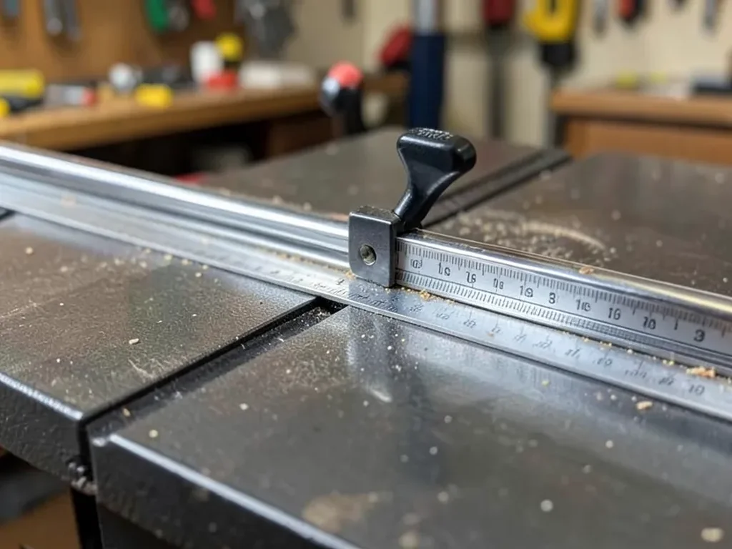 Close-up of a table saw fence locking lever and measurement scale on the front rail