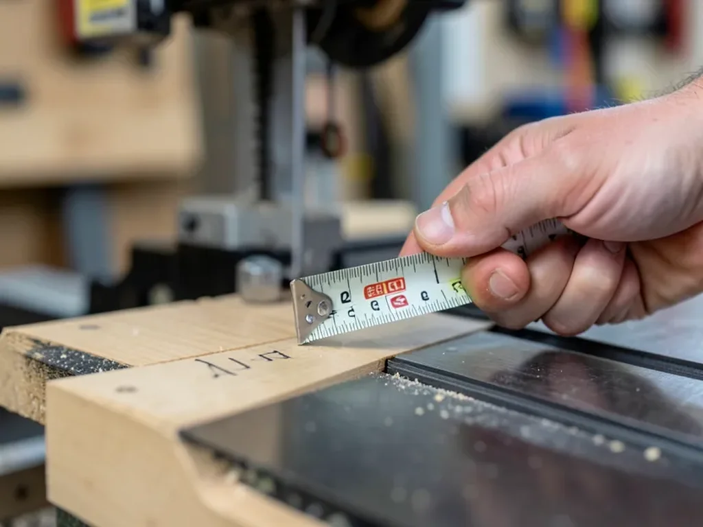 Measuring the rail spacing on a table saw with a steel tape measure before installing a fence kit