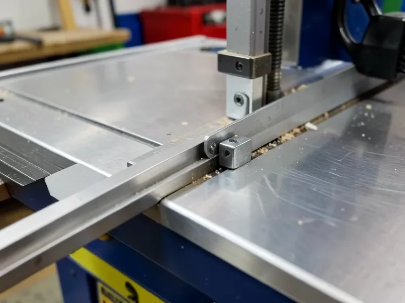 Close-up of a table saw rip fence cam-lock lever next to the blade and riving knife