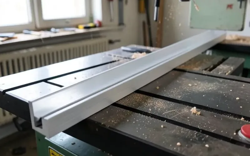 Extended rip fence rail on a large-capacity table saw