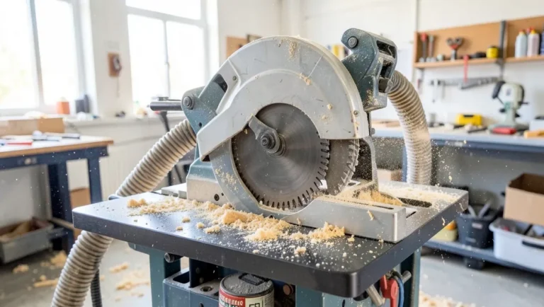Table saw with dust collection hose attached capturing sawdust