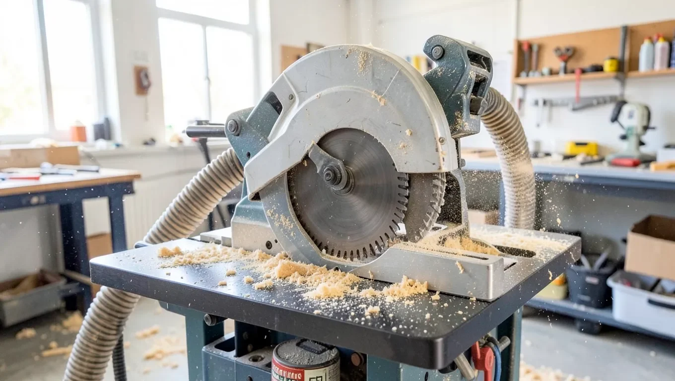 Table saw with dust collection hose attached capturing sawdust