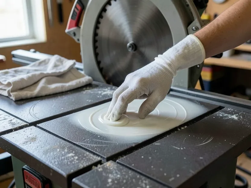 Applying paste wax to a table saw cast iron top to prevent rust after refurbishing