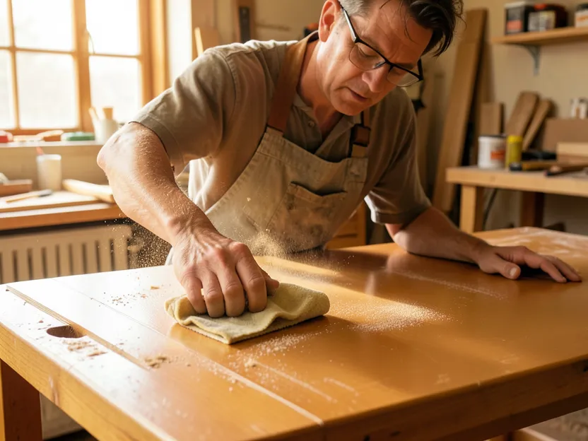 Woodworker wiping sanding dust off a polyurethane tabletop with a tack cloth before the next coat