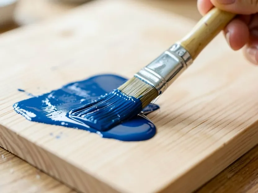 paintbrush applying blue tempera paint onto raw unfinished pine wood paintbrush applying blue tempera paint onto raw unfinished pine wood showing the grain absorbing the wet paint