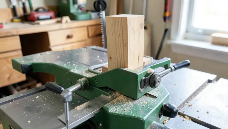 Wooden board clamped vertically upright in a metal tenoning jig on a table saw