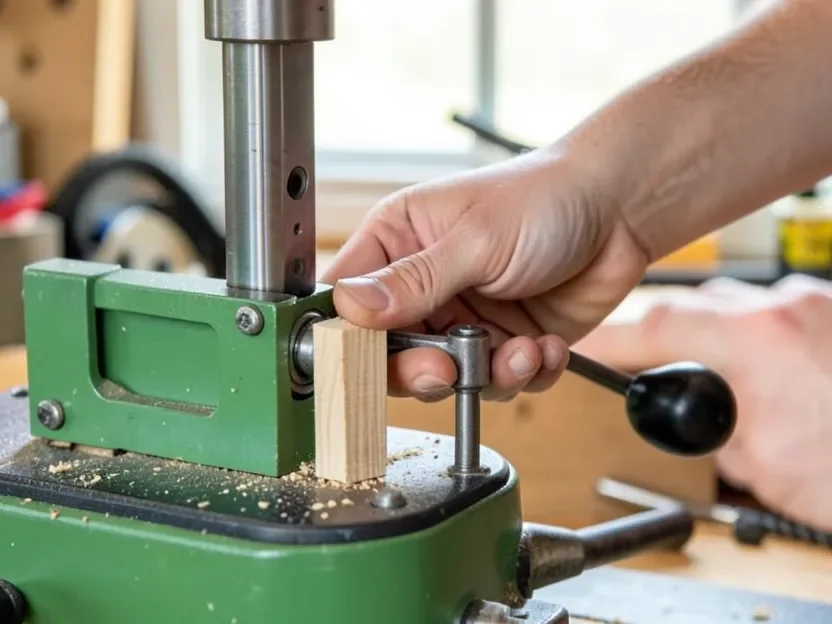 Hand tightening the locking clamp handle on a tenoning jig to secure a workpiece