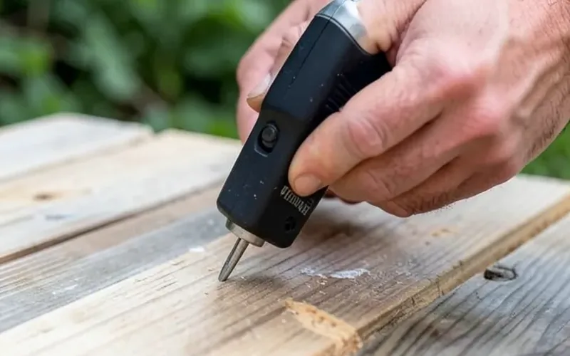 Testing pressure-treated deck board moisture with a pin-type moisture meter before staining Testing pressure-treated deck board moisture with a pin-type moisture meter before staining