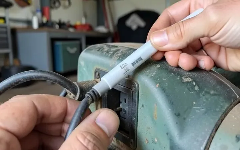 Non-contact voltage tester checking the power cord of an old power tool