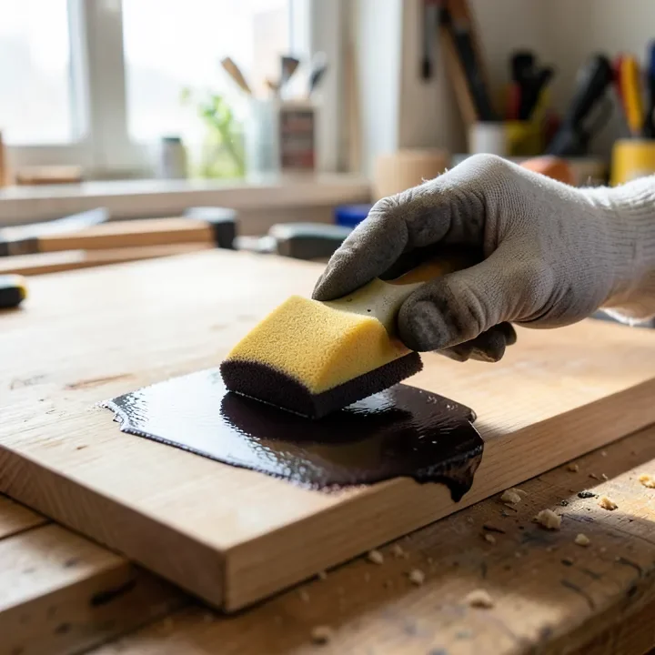 gloved hand applying tinted polyurethane with a foam applicator to a wood board