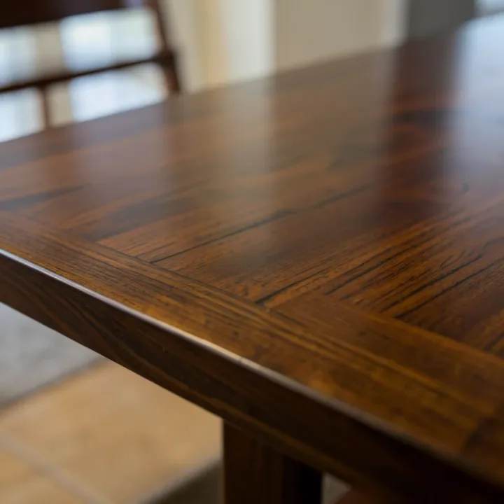 finished wood table surface with espresso-tinted polyurethane showing grain through the color
