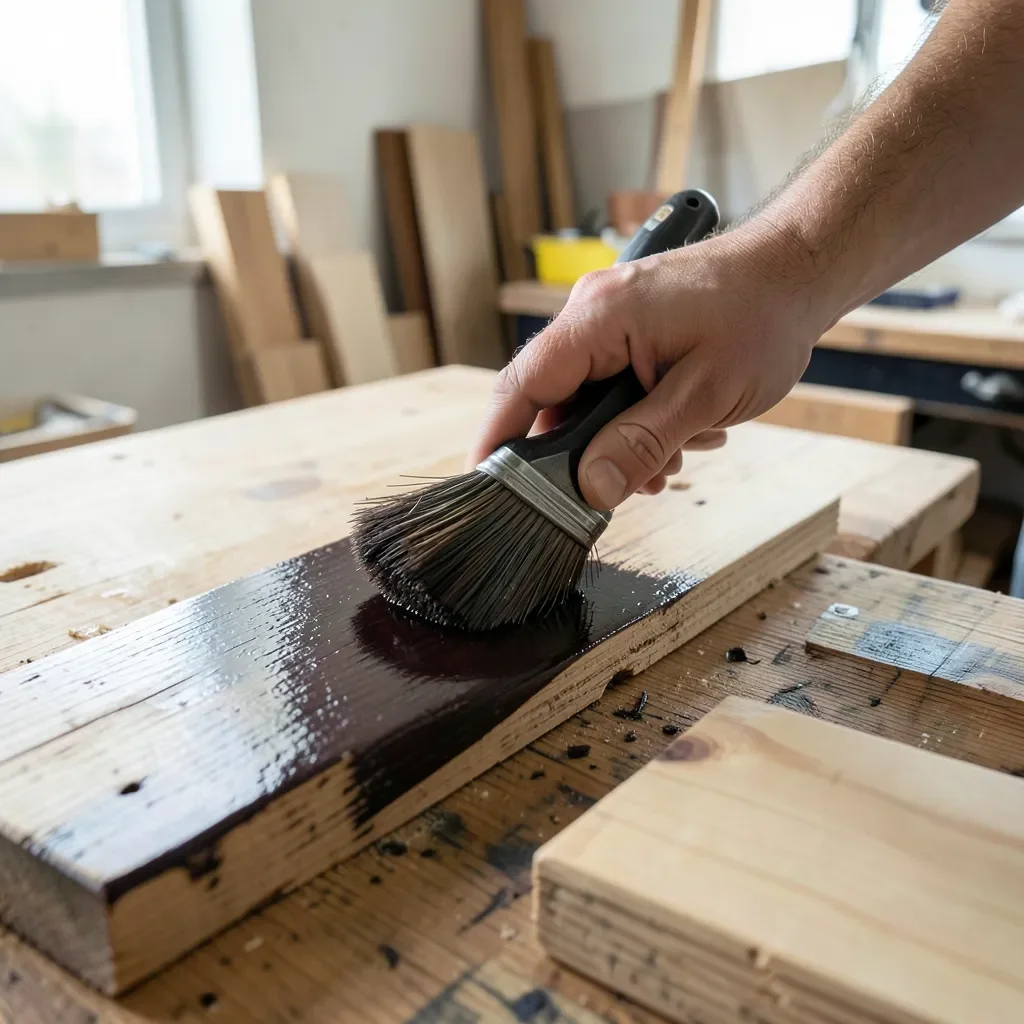 hand applying tinted polyurethane finish to wood boards in a workshop