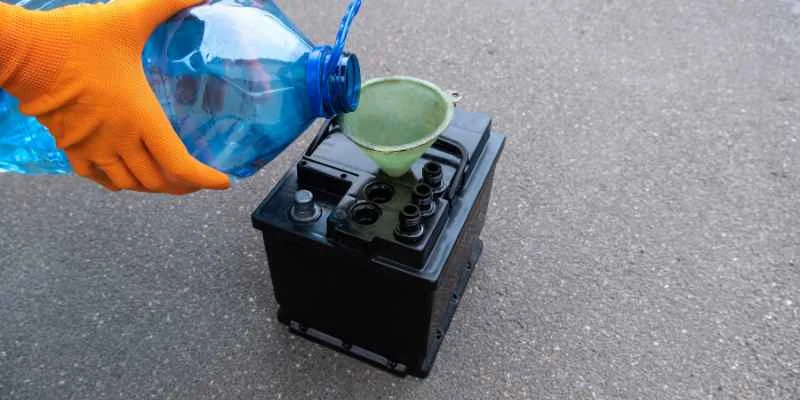 Pouring distilled water into a lead acid battery cell with a funnel