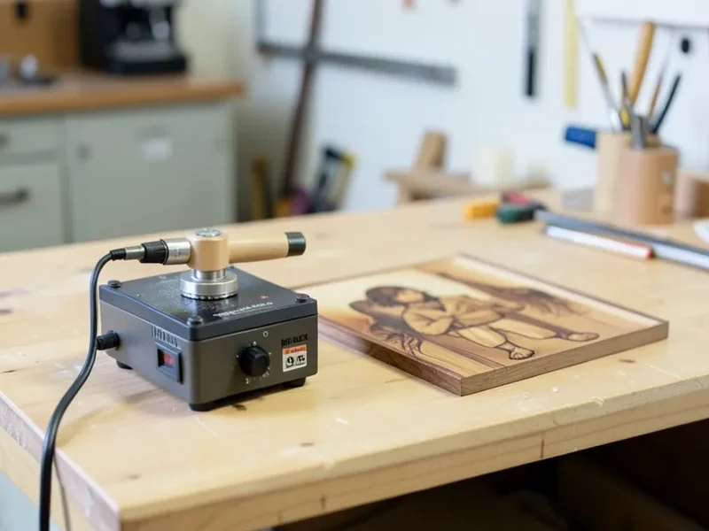A temperature-controlled pyrography pen and its low-voltage power unit next to a finished wood burned piece