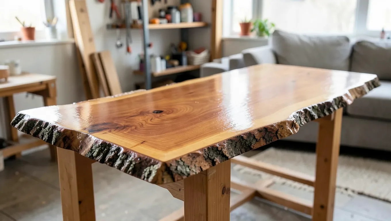 A properly treated live edge wood table with a glossy oil finish