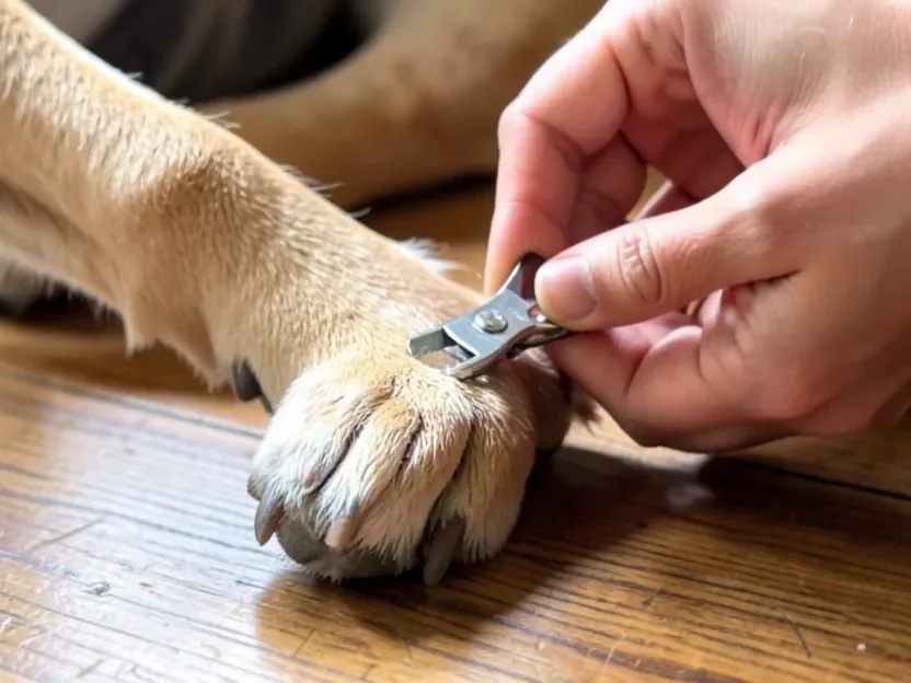 Close-up of a dog's nails being trimmed with clippers on a wood floor