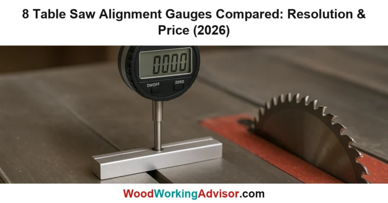 Digital dial indicator gauge mounted in a table saw miter slot next to the blade for alignment checking