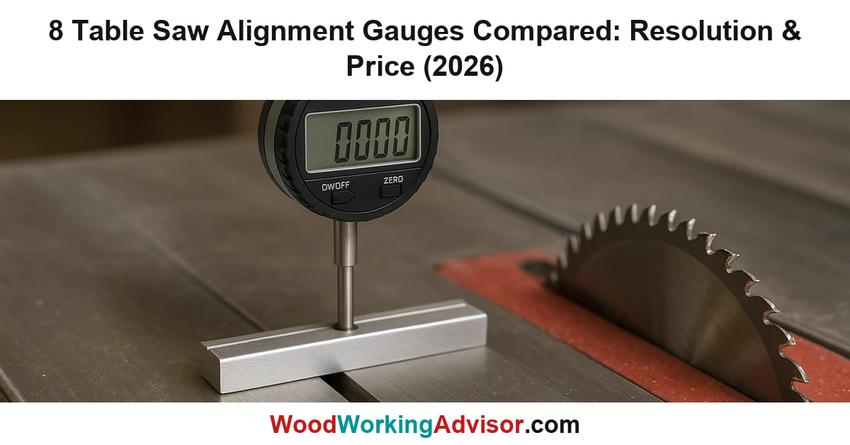 Digital dial indicator gauge mounted in a table saw miter slot next to the blade for alignment checking