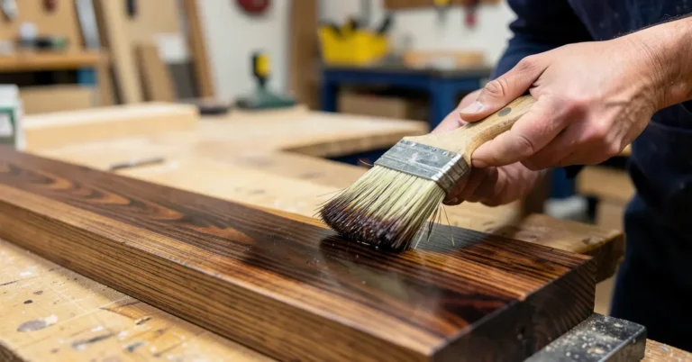 Woodworker applying a second coat of dark wood stain with a brush to a pine board