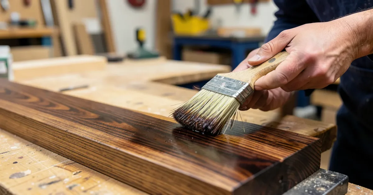 Woodworker applying a second coat of dark wood stain with a brush to a pine board