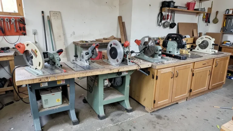 Different types of table saws lined up in a workshop
