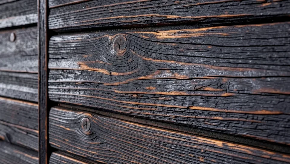 Close-up of UFP-Edge charred wood accent wall plank showing burnt grain texture
