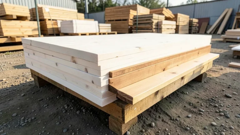 Stack of primed pine and cedar-toned UFP Industries dimensional lumber boards at a lumberyard