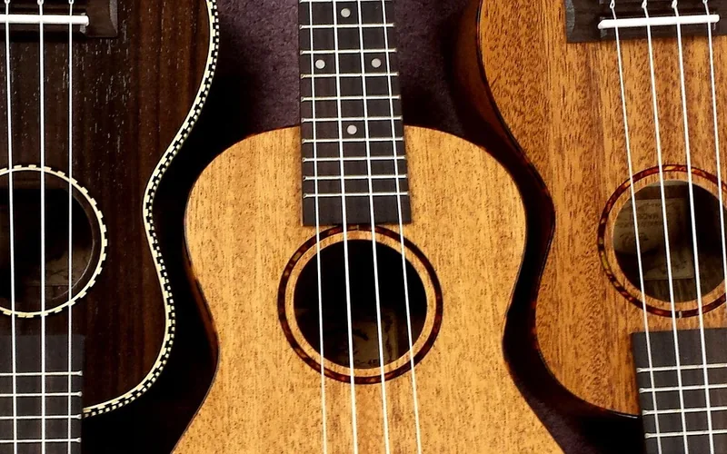 Three ukuleles side by side showing different tonewood grain and color