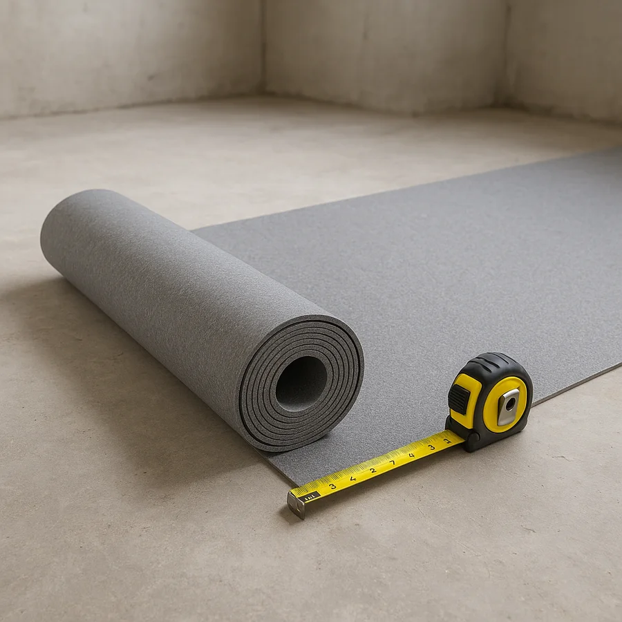Rolling out underlayment across a bare concrete subfloor before installing vinyl plank flooring Rolling out underlayment across a bare concrete subfloor before installing vinyl plank flooring