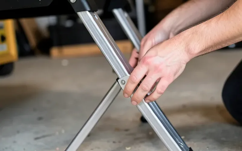 Hands unfolding the folding metal legs of a portable table saw stand