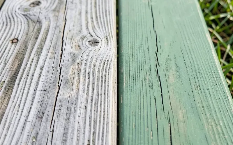 untreated weathered pine board next to a green-tinted pressure-treated pine board untreated weathered pine board next to a green-tinted pressure-treated pine board