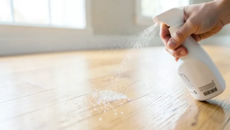 Spraying enzymatic cleaner on a hardwood floor to remove urine odor