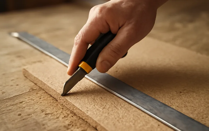 hand scoring an MDF board with a utility knife along a metal straightedge before snapping it hand scoring an MDF board with a utility knife along a metal straightedge before snapping it