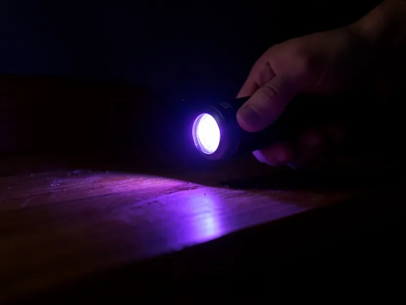 UV blacklight revealing a cat urine stain on wood furniture