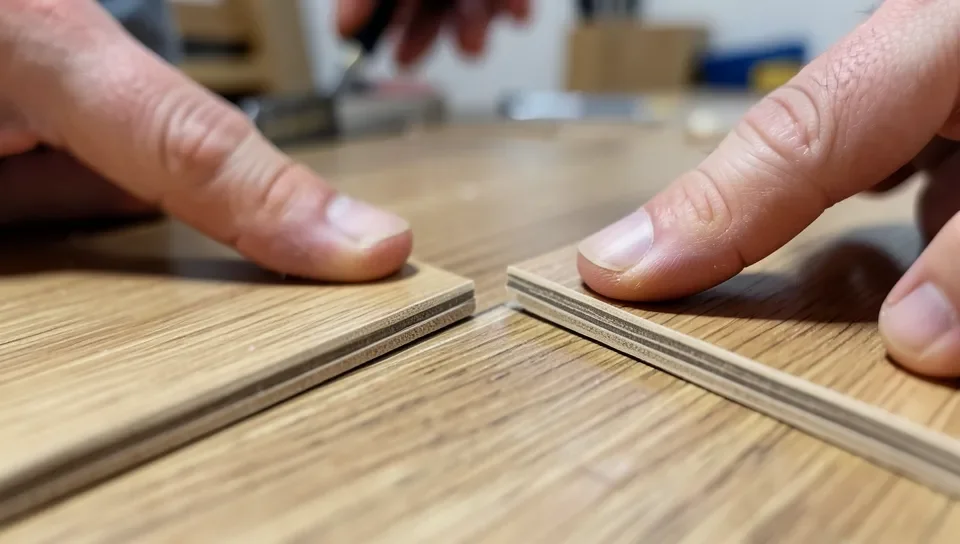 Close-up of an oak-look laminate plank click-lock seam during installation