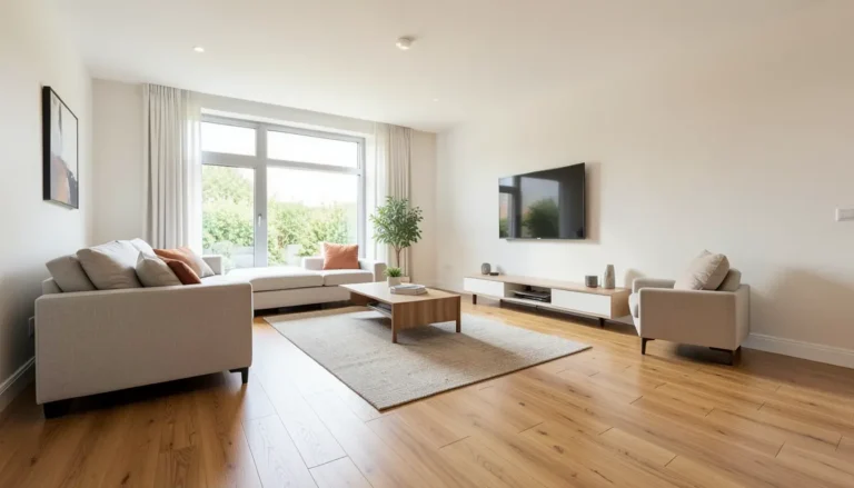Modern living room with warm honey-brown oak-look plank flooring