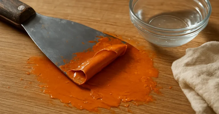 Paint scraper lifting softened orange latex paint off wood with a bowl of vinegar solution nearby