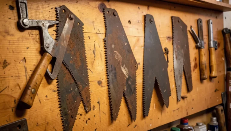 Collection of vintage saw blades displayed on a wooden wall
