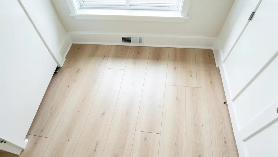 Vinyl plank flooring laid toward a bathroom window to reduce visible cross-light seams
