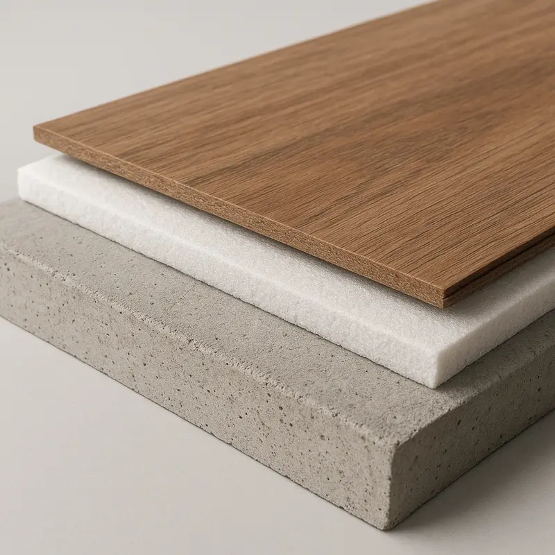 Cross-section showing vinyl plank flooring over underlayment over a concrete subfloor Cross-section showing vinyl plank flooring over underlayment over a concrete subfloor